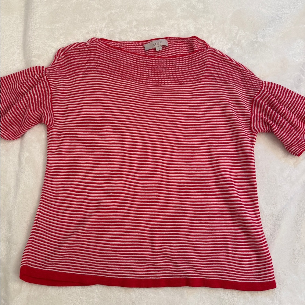 LOFT Red White Striped Knit Top Small Cotton Boatneck Puff Short Sleeve